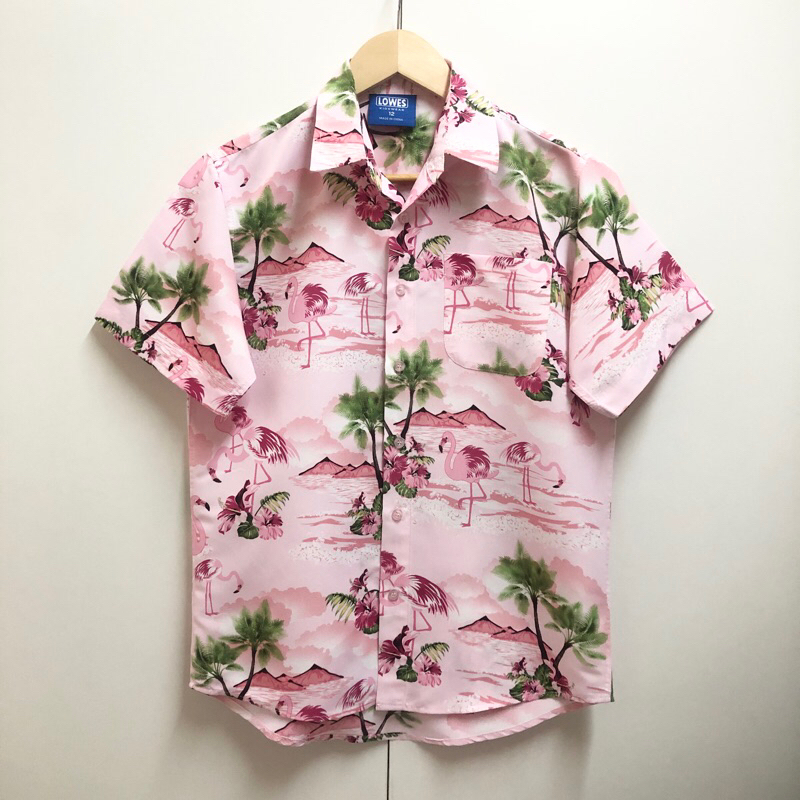LOWES kids wear เสื้อเชิ้ต แขนสั้น ใหม่กริบ สีชมพู ลายนกฟลามิงโก มือสอง