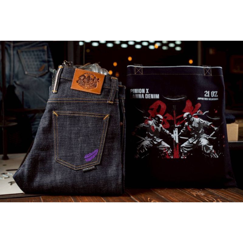 pinion X Lanna denim 21  oz รุ่น PINION X LANNA DENIMรุ่น🥷นินจาpurple มีทรงกะบอกเล็กและกะบอกตรง