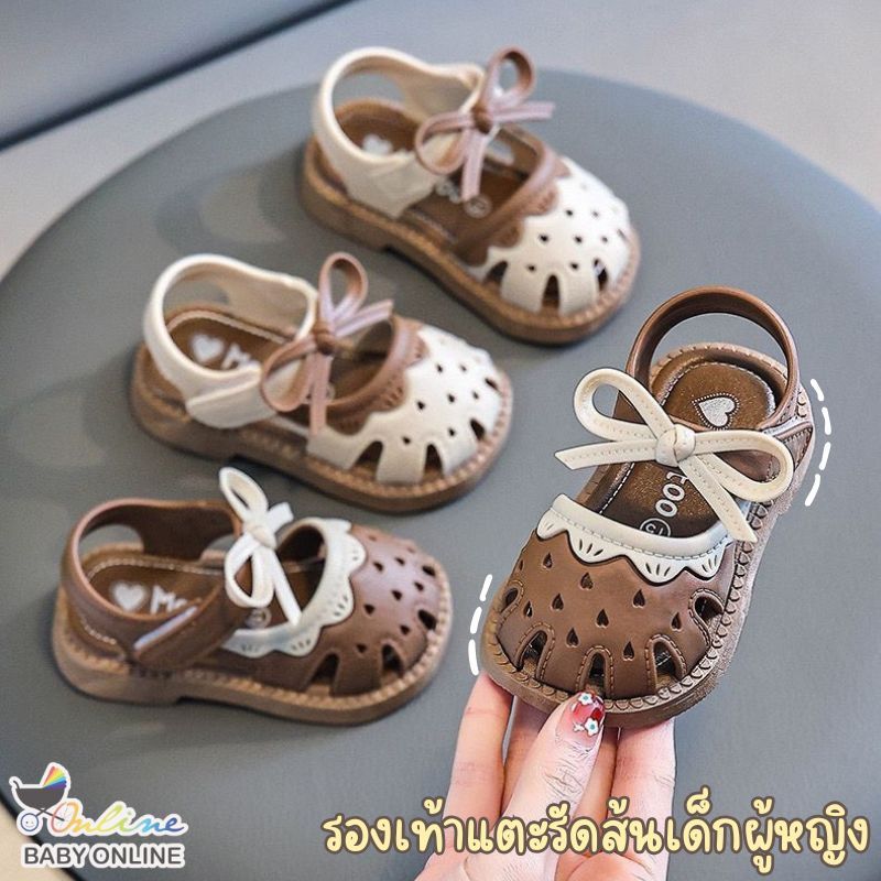 Babyonline(X075)2K3-4 (ส่งด่วน1วัน)รองเท้ารัดส้นสำหรับเด็กผู้หญิงแต่งโบว์ ยางPVC ที่ติดตีนตุ๊กแก กันน้ำได้