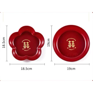 ถาดไหว้เจ้า ถาดกลมสีแดง​ ถาดเหลี่ยม จานสีแดงลายมงคล