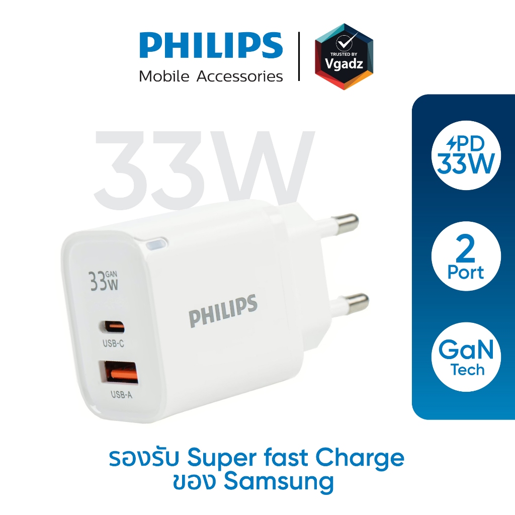 Philips - หัวชาร์จ รุ่น PD33W อะแดปเตอร์ 2 พอร์ต GaN