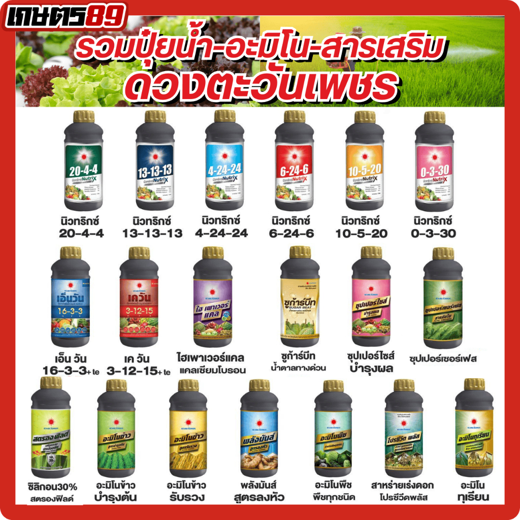 ปุ๋ยน้ำดวงตะวันเพชร อะมิโนรวม สารเสริม สารจับใบซุปเปอร์เซอร์เฟส อะมิโนทุเรียน แคลเซียมโบรอน นิวทริกซ์ ซูก้าบีท 1ลิตร