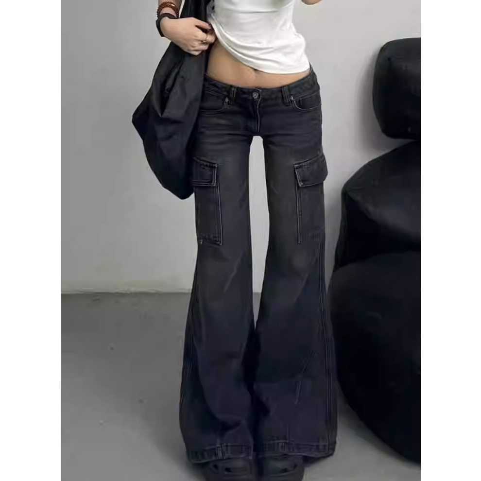 กางเกงยีนส์ชุดทำงานแบบขากระดิ่งเอวต่ำสีเทาดำเซ็กซี่สำหรับผู้หญิง