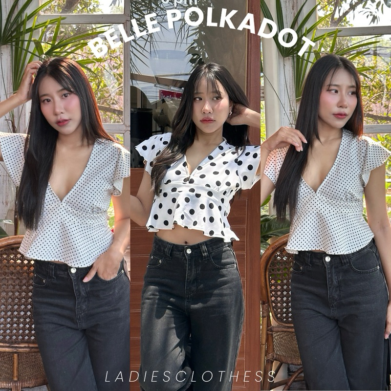 LC.ladiesclothess #LC365 BELLE POLKADOT เสื้อคอวี แขนสั้น เอวลอย ลายจุด ผู้หญิง