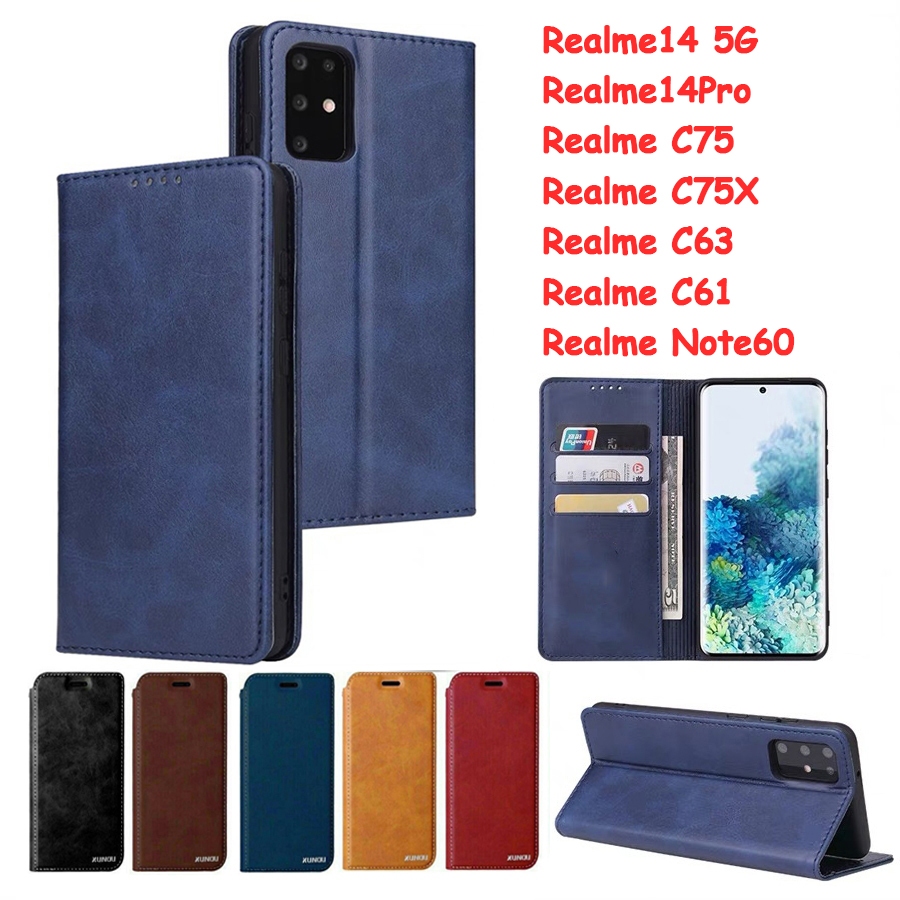 ่ เคสฝาพับ ตั้งได้ ใส่บัตรได้ สำหรับ Realme C75 C71 14 5G/14Pro C63 C61 C53 C51 C55 C33 C30 C35 Note60 Note50 C3 XUNDU