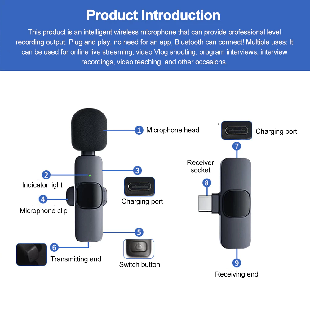 ไมโครโฟนไร้สาย   Wireless Microphone   แบบพกพา ใช้สําหรับสมาร์ทโฟน ไมค์ไร้สายหนีบเสื้อ ไมค์หนีบปกเสื้อ thumbnail 6