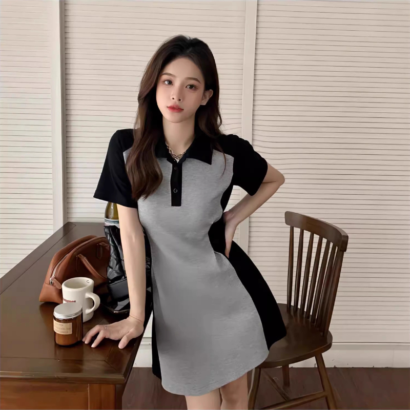 【EVIOVIO】S-5XL มินิเดรส สีทูโทน เว้าเอวช่วยพรางหุ่น สไตล์ลำลอง เดรสแฟชั่น คอปกโปโล เดรสพลัสไซซ์ - รูปที่ 2