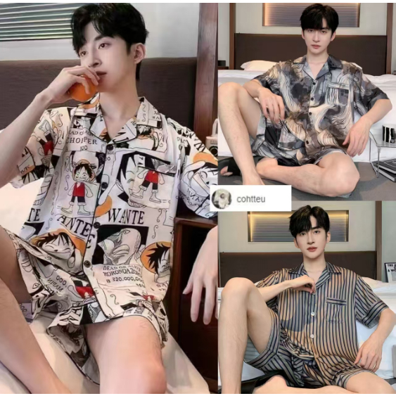 (ส่งมาจากประเทศไทย)ส่งมอบทันที,ชุดนอนผู้ชาย，ผ้าซาตินเรียบ，กับแฟชั่นลายการ์ตูน，ที่ได้รับความนิยม， 12 แบบ，ขาสั้น+เสื้อ，L-