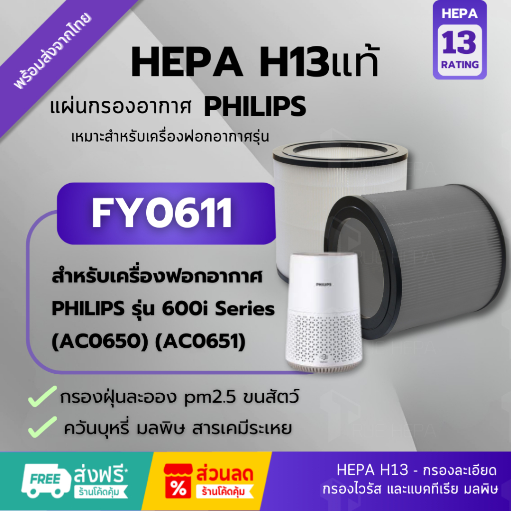 ไส้กรองอากาศ Philips AC0650 Hepa H13แท้✅เครื่องฟอกอากาศ Philips FY0611 /30 for Air Purifier AC0650/1