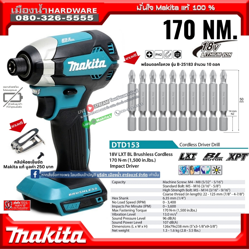 Makita รุ่น DTD153Z สว่านอิมแพคไร้สาย ไขควงกระแทก ไขควงไร้สาย 18V Makita แท้ (ตัวเปล่าไม่รวมแบต) DTD