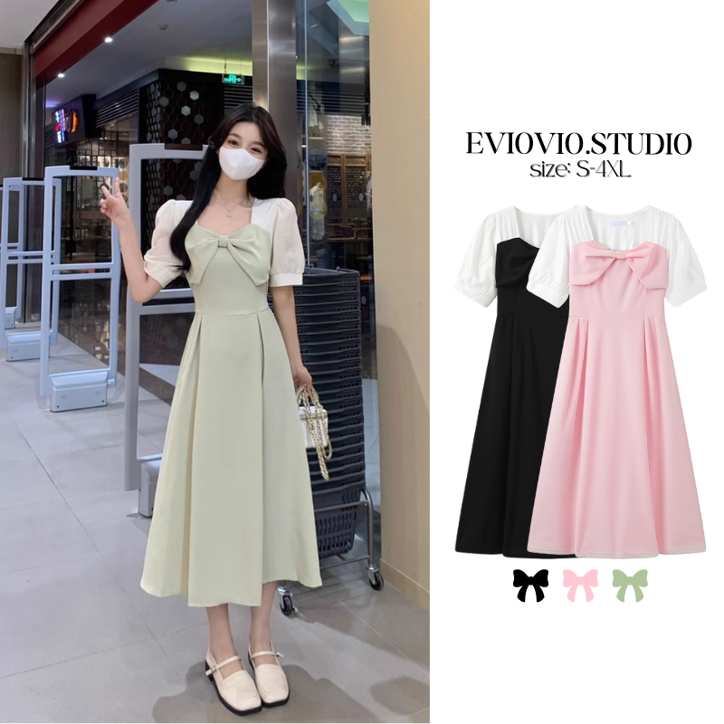 【EVIOVIO】S-4XL เดรสเกาหลีทรงเอ แขนตุ๊กตา ดีไซน์โบว์น่ารัก สไตล์สาวหวาน ใส่ได้ทุกวัน เดรสพลัสไซซ์