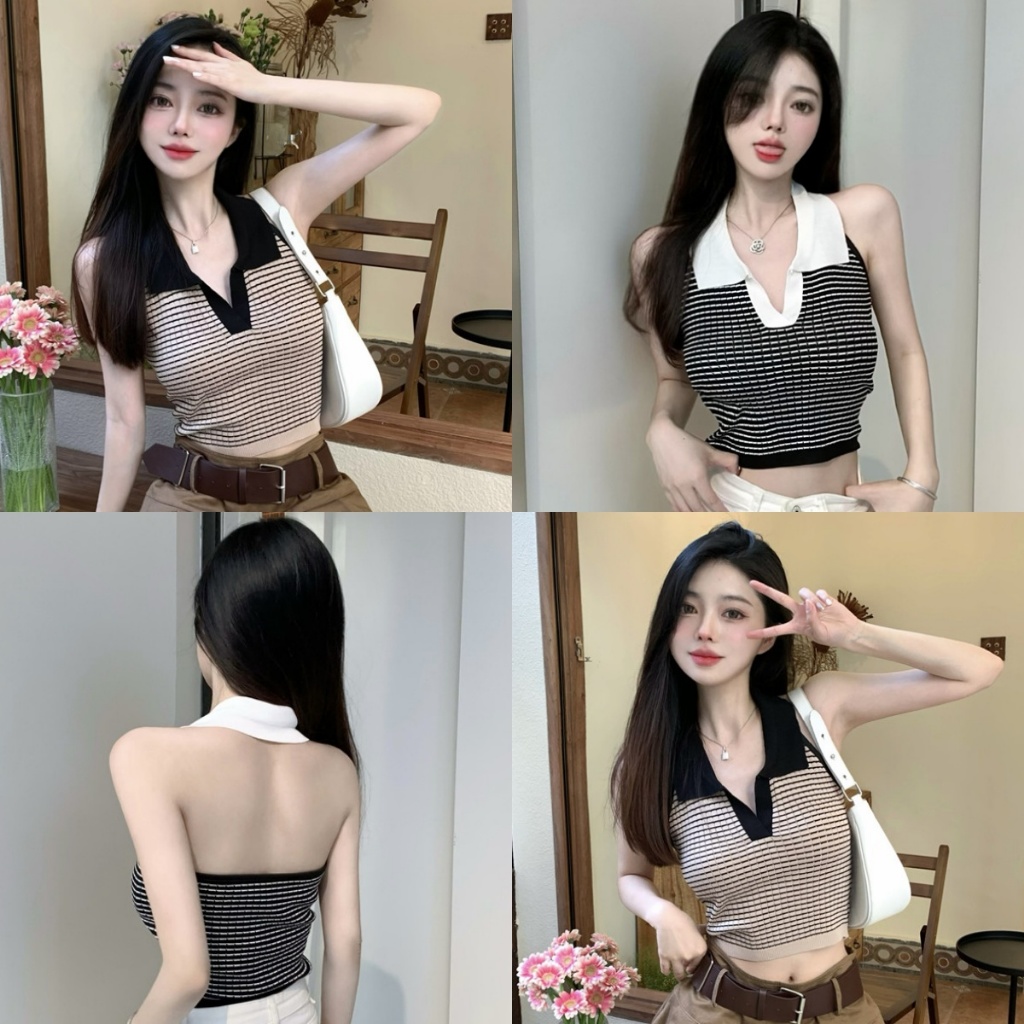 ✨S.F✨เสื้อกล้าม ไหมพรม คล้องคอ ลายทาง เข้ารูป ผ้ายืด เสื้อครอป สไตล์ลำลอง เกาหลี แฟชั่น#0236