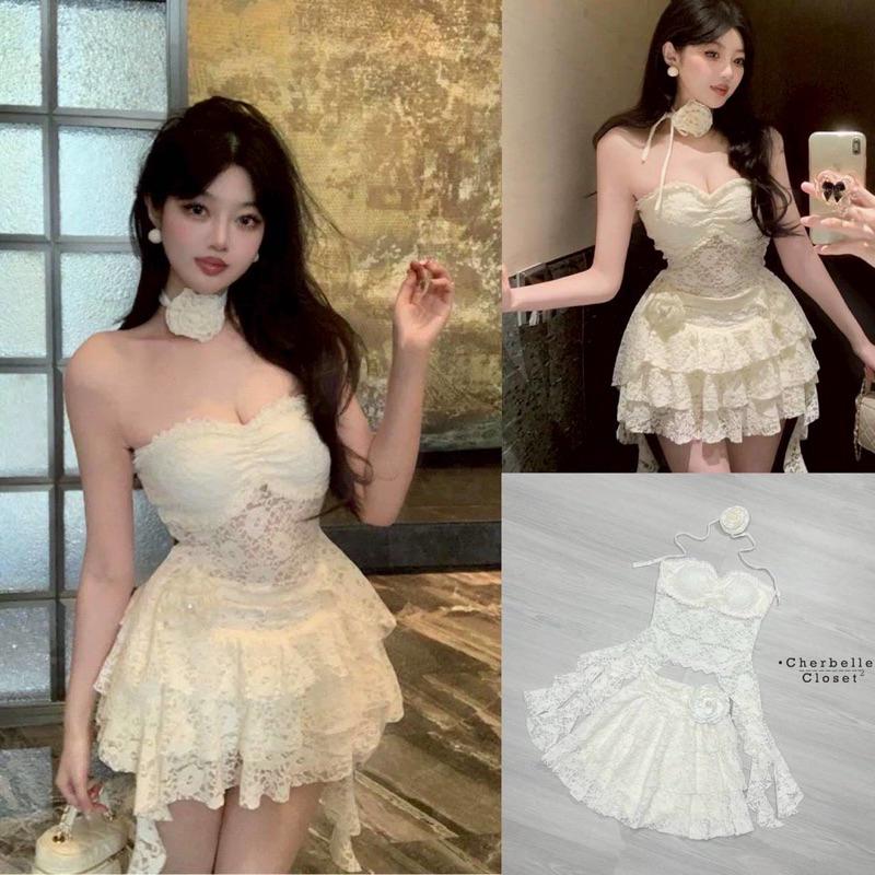 Cherbelle Closet ชุดset เสื้อเกาะอกลูกไม้แต่งระบายสองข้าง อกเสริมฟองน้ำมียางกันลื่น