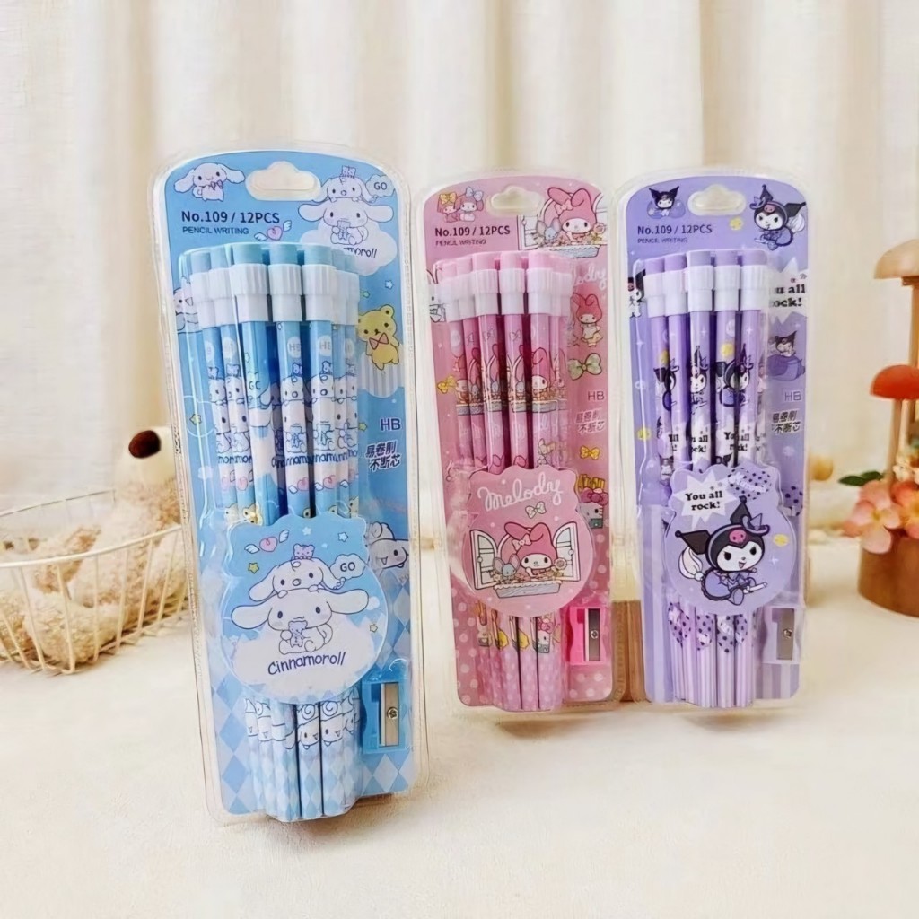 ดินสอไม้ HB เซ็ต 12 แท่ง มียางลบ + กบเหลาดินสอ ลายการ์ตูนน่ารัก  การ์ตูนน่ารัก