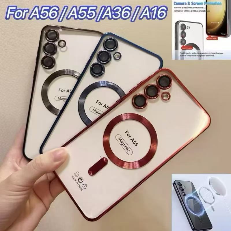 เคสขอบสี แม่เหล็ก สำหรับ Samsung A57 A37 A07 A17 A56 A36 A16 A55 A35 A15 S24FE S21FE S23FE ชาร์จไร้สาย TPU ใส กันกระแทก
