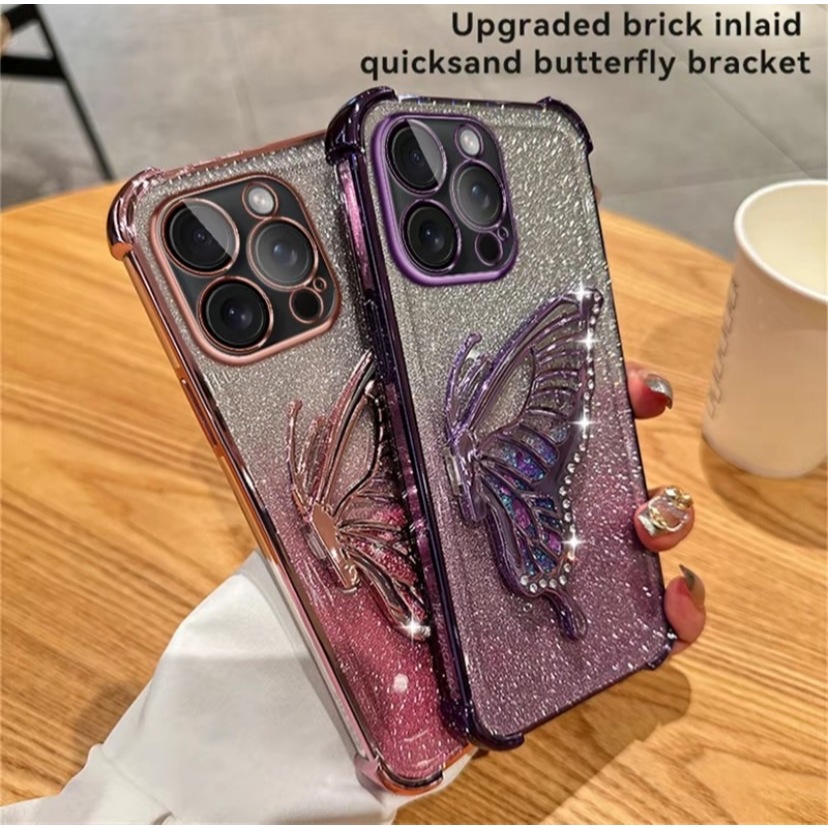 เคสโทรศัพท์ กริตเตอร์ หรูหรา  สำหรับรุ่น iphone 11 13 14 15 16 Pro max เคส กันกระแทกมุม กันกล้อง ผีเสื้อ น่ารัก ตั้งได้