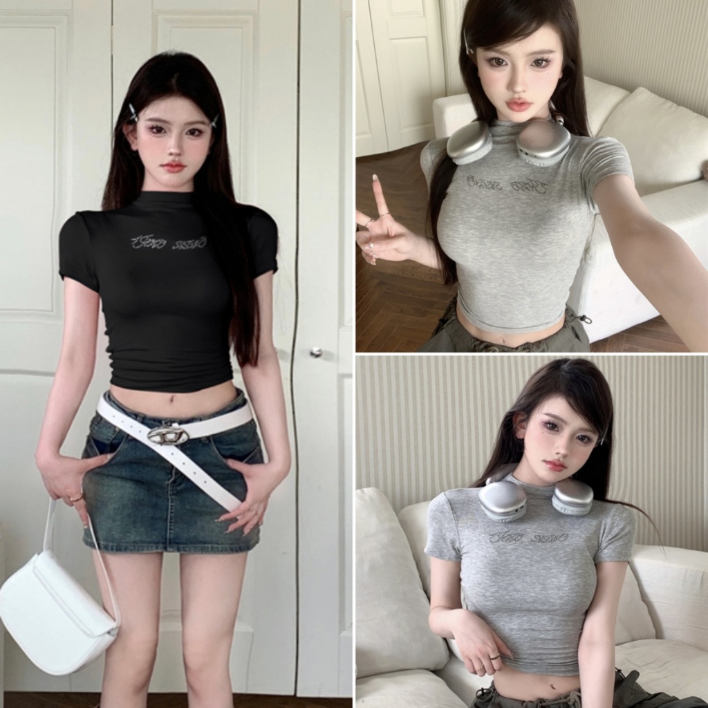 Beryl 🌻เสื้อยืดสวยๆผู้หญิง เสื้อยืดแขนสั้นทรงสลิมฟิต ดีไซน์ประดับเพชร สีพื้น เซ็กซี่ สไตล์เกาหลีเรียบง่าย