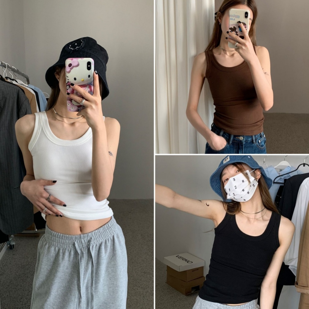 Beryl 🌻เสื้อกล้ามผู้หญิง เสื้อกั๊กคอยู เซ็กซี่ สไตล์เกาหลีเรียบง่าย แขนกุด สีพื้น ทรงเข้ารูป ผ้าเนื้อนุ่ม