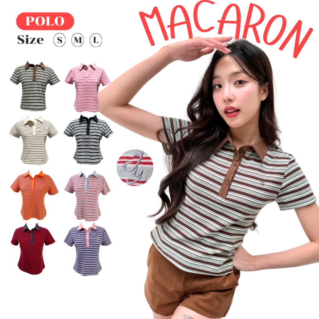 JARINYA (S-L) เสื้อยืดคอปกลายขวางปัก Jy ผ้าใส่สบาย (T848)