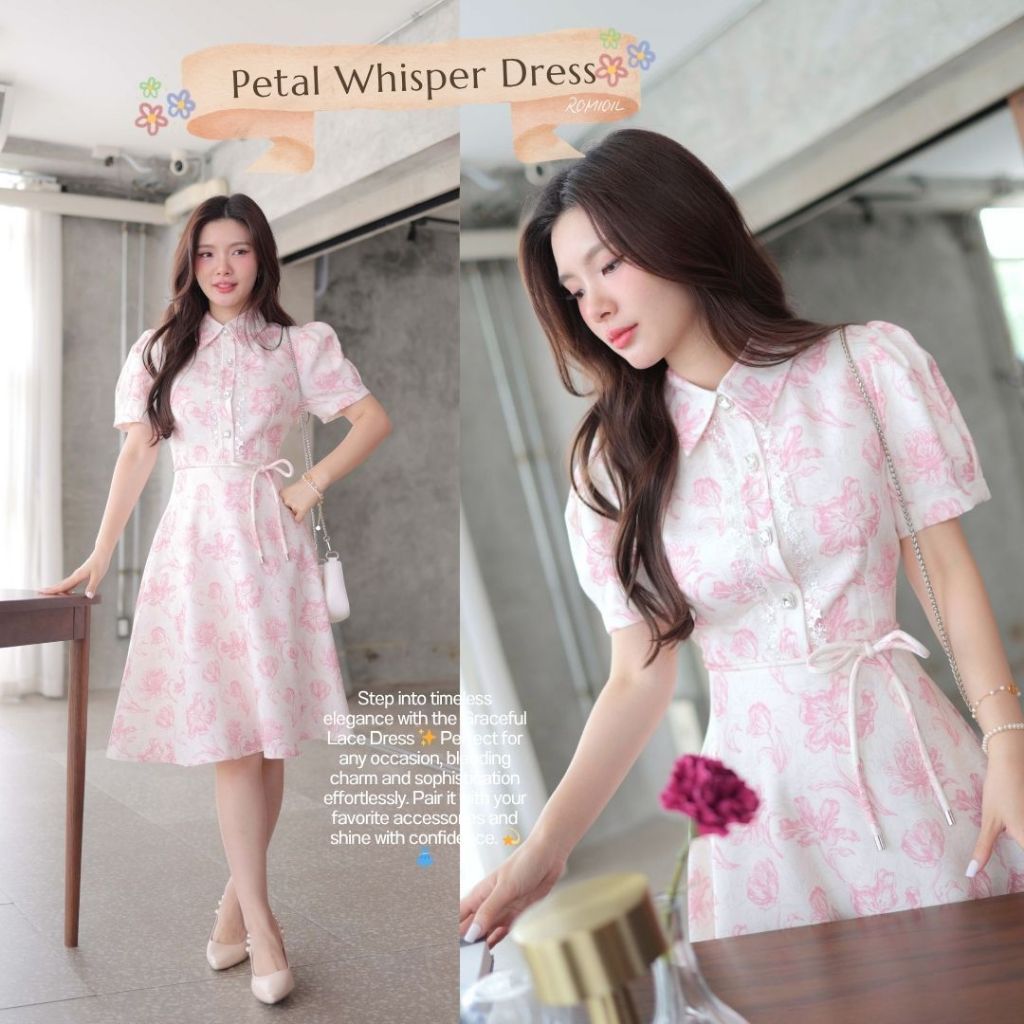Romi"Oil" Petal Whisper Dress (Pink) J607  ชุดเดรสสีชมพู (คอปกกระดุมเพชรมีเชือกผูกเอว)