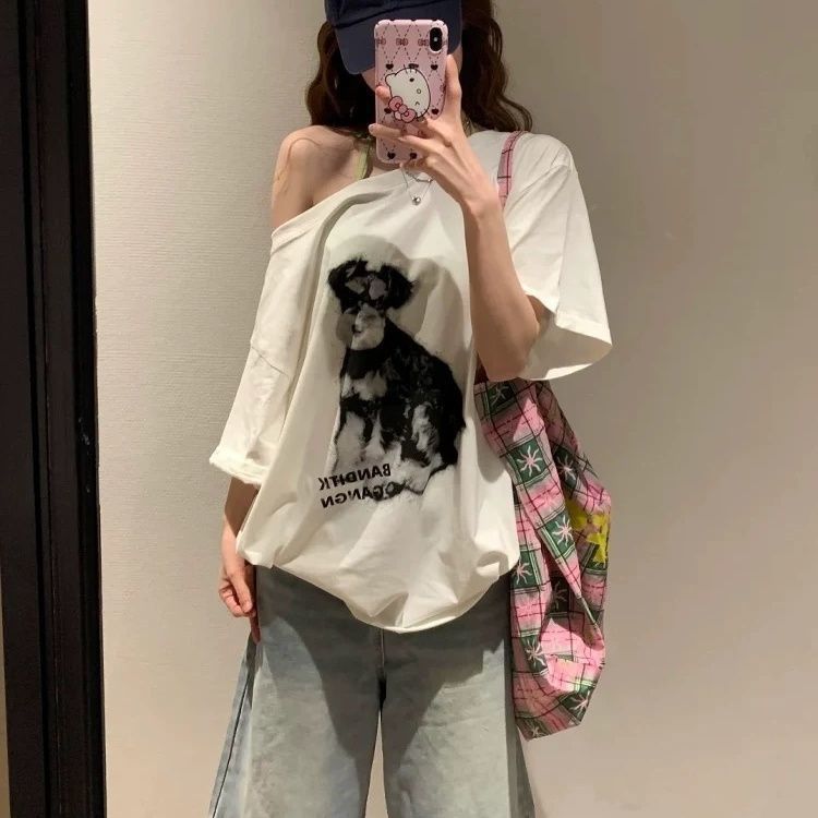 เสื้อยืดแขนสั้น เปิดไหล่ ทรงหลวม เสื้อยืด oversize สำหรับสาวอวบ สบาย ผ้านิ่มใส่ สไตล์วินเทจ สำหรับฤดูร้อน เสื้อเกาหลี