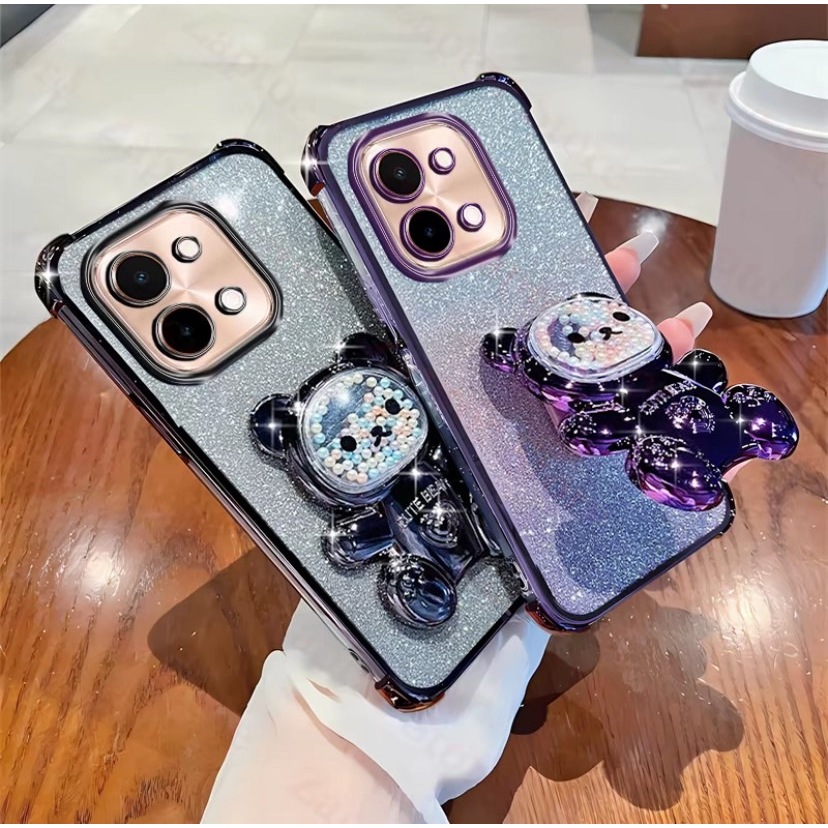 เคสโทรศัพท์ หมี LOVE กริตเตอร์ สำหรับรุ่น Vivo Y28 (4G) เคส กันกระแทกมุม ป้องกันกล้อง น่ารัก ตั้งได้