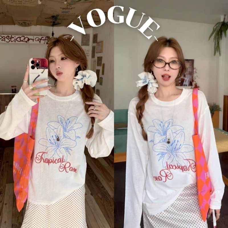 Vogue🌟พร้อมส่ง🌟 เสื้อแขนยาว คอกลม ลายดอกไม้ ดีเทลผ้าซีทรูบางๆ (FY2082#1)