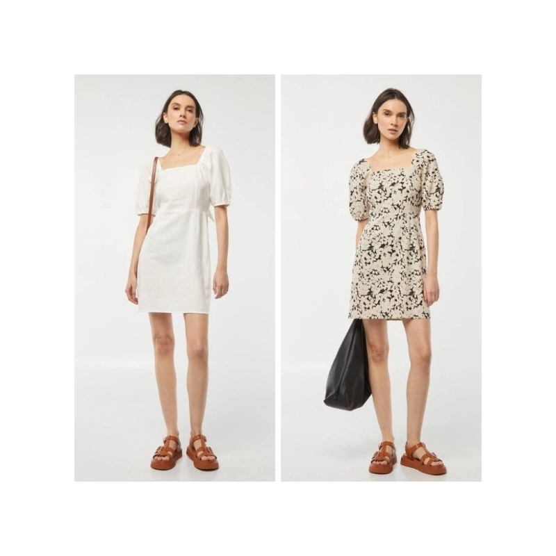 Kiabi​ ชุดเดรสสั้น​ คอเหลี่ยม​ ผูกโบว์ด้านหลัง​ ผ้าลินิน​ผสม​ งานมือ1