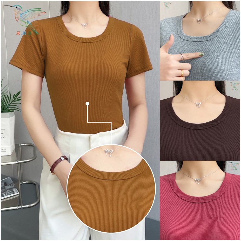 HMB® เสื้อยืดผู้หญิง เสื้อคอกลม แขนสั้น สีพื้น ผ้าร่องเล็ก เนื้อผ้านิ่ม ทรงสวย ใส่แล้วดูเพรียว t5222#