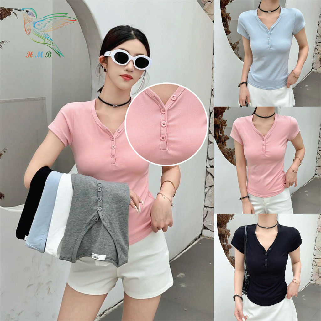 HMB® เสื้อยือผู้หญิง เสื้อคอวี แขนสั้น M-2XL ดีเทลแต่งกระดุม ผ้าคอตตอนผสมสเปนเด็กช์ สไตล์สาวเกาหลี t