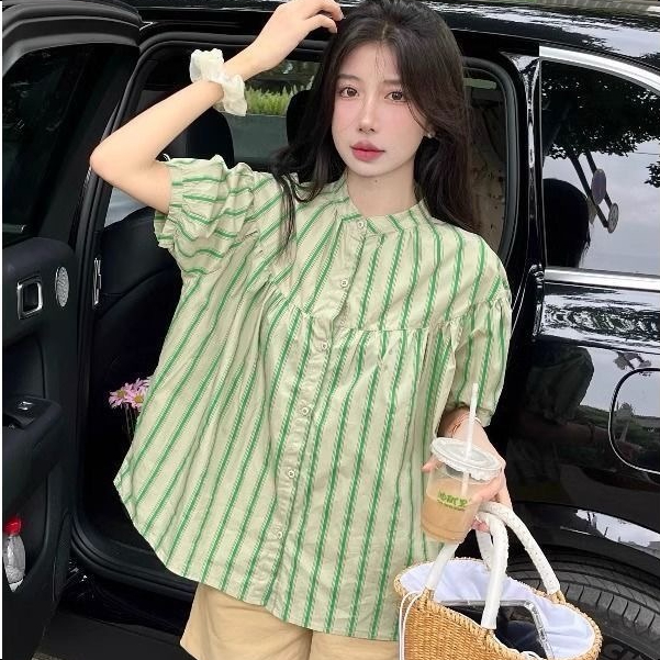 SIAM CURATEDเสื้อผ้าสตรี เสื้อเชิ้ตคอตุ๊กตาลายทาง ✨ สีแคนดี้（จัดส่งภายใน24ชม）