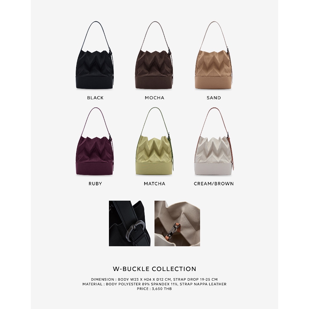 Pavi Studio - W buckle กระเป๋าผ้าอัดพลีทลาย W สายหนังแท้ มี 6 สี