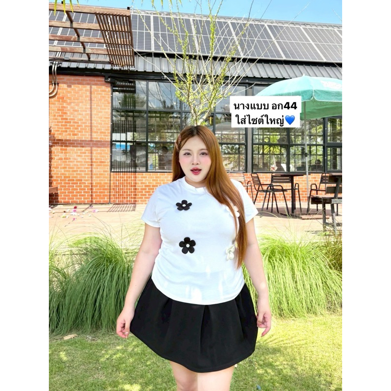 ย 206 เสื้อยืดคอกลมสาวอวบทรงสวย เย็บแต่งอะไหล่ดอกไม้ ผ้ายูนิโคล่ยืดเยอะ XXL - รูปที่ 7