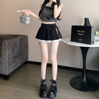 กระโปรงจีบเอวสูงสไตล์ใหม่หวานๆ ในช่วงฤดูร้อน กระโปรงลูกไม้เย็บต่อกันสั้นป้องกันแสง