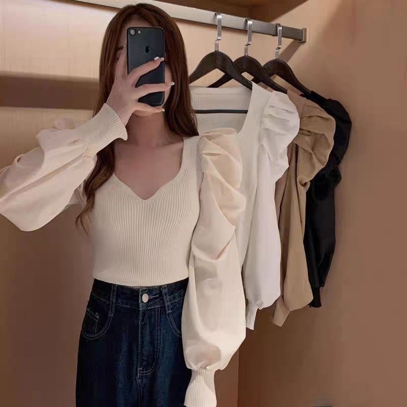 diary(5786)เสื้อเชิ้ตเสื้อยืดคอวี แขนยาว แขนตุ๊กตา รัดรูป รูปที่ 4