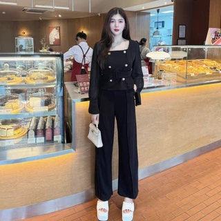 ชุดเซตยาวผ้าวูลเวฟ เสื้อแขนยาวผ้าซีฟองคอเหลี่ยมกระดุมเมอแรงแต่งกระเป๋าหน้า+กางเกงเอวเรียบสม็อคหลัง+สายเข็มขัด A6612
