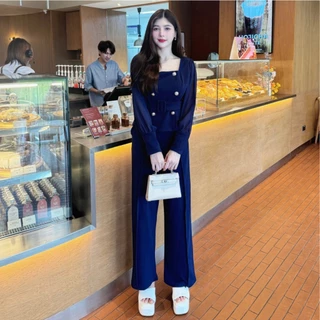 ชุดเซตยาวผ้าวูลเวฟ เสื้อแขนยาวผ้าซีฟองคอเหลี่ยมกระดุมเมอแรงแต่งกระเป๋าหน้า+กางเกงเอวเรียบสม็อคหลัง+สายเข็มขัด A6612