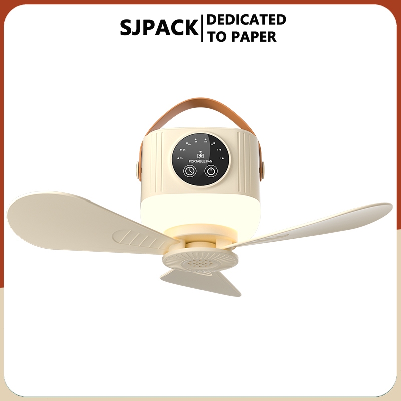 SJPACK พัดลมเพดานไร้สายพร้อมฟังก์ชั่นแสงกลางคืนควบคุมระยะไกลสำหรับแคมป์กลางแจ้งพัดลมพกพา 7200mAh