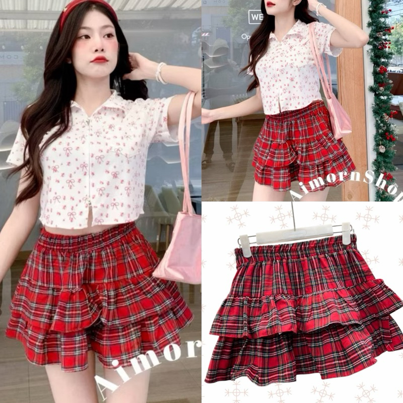 aimorn_shop กระโปรงระบายชั้นๆ ลายสก็อต  เอวเป็นยางยืดสม็อค ทรงสวยมาก แมทช์ง่าย