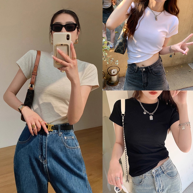 OOTD จัดส่งจากกรุงเทพ🌼เสื้อยืดผู้หญิง เสื้อยืดแขนสั้น คอกลม สีทึบ ทรงรัดรูป เนื้อผ้านุ่มสบาย  โปร่งสบาย สวมใส่สบาย