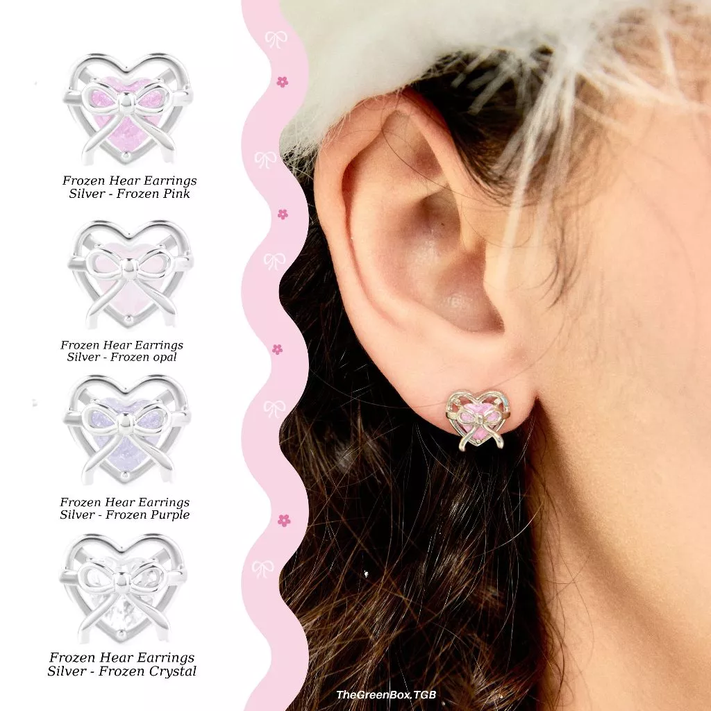 (🔥เก็บโค้ดลดเพิ่มที่หน้าร้าน) ต่างหู Frozen Heart Earrings ก้านเงินแท้ S925 - The Green Box