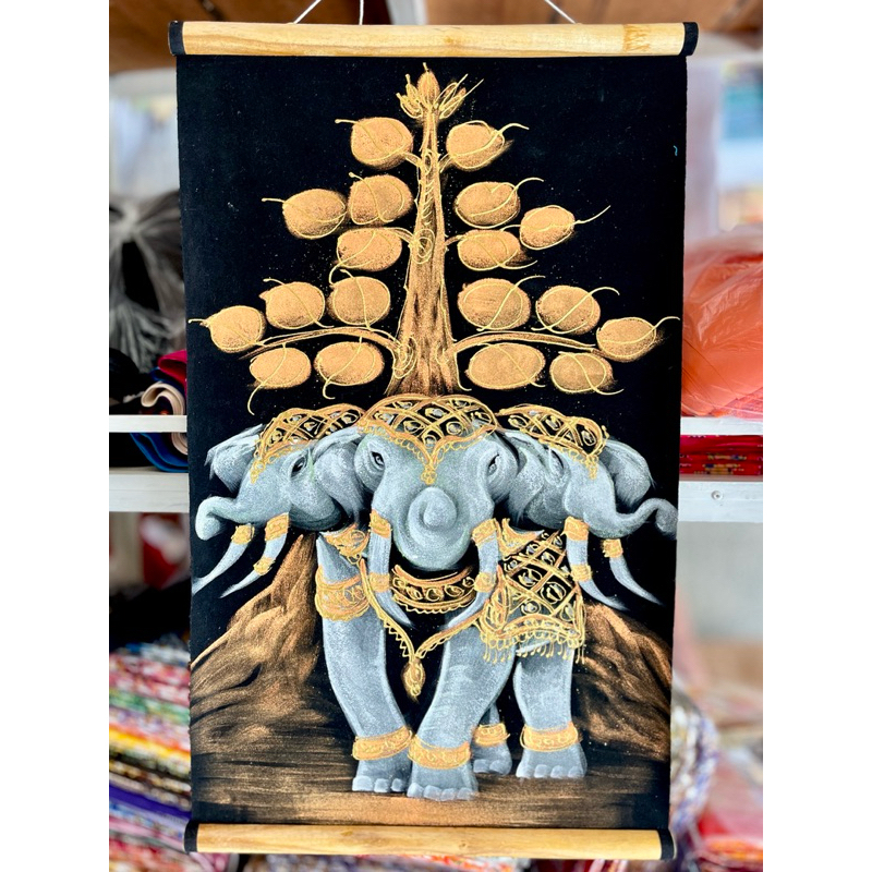 มู่ลี่ไม้ภาพวาดมงคล ภาพแขวน ลายพระพิฆเนศ ช้าง หน้าพระ ผ้ากำมะหยี่ ขนาดกว้าง 35 x ยาว 58 ซม.