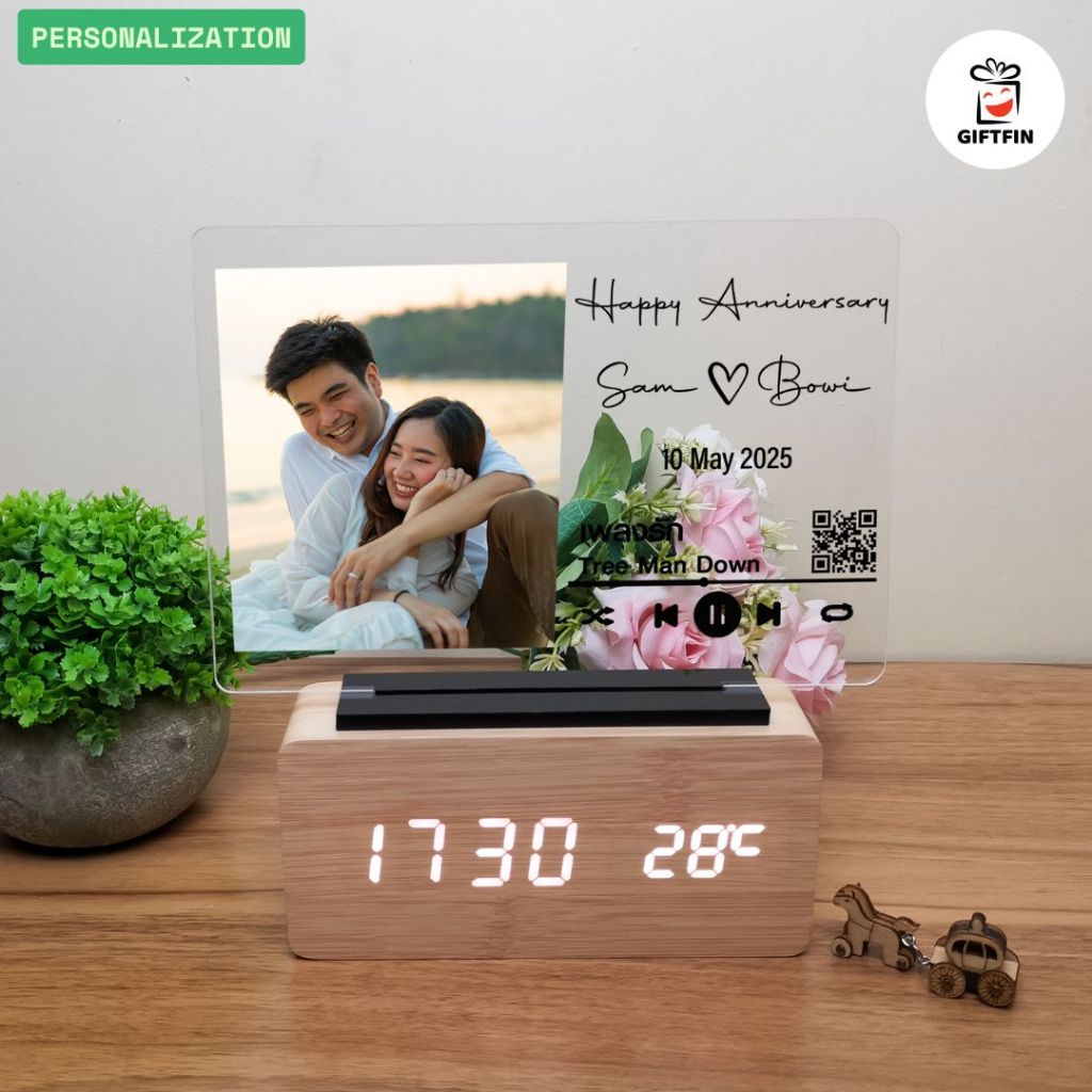 นาฬิกาไม้ กรอบรูป (แบบที่ 1) แนวนอน | ของขวัญครบรอบ anniversary gift | สกรีนรูปภาพ+ข้อความ | GiftFin