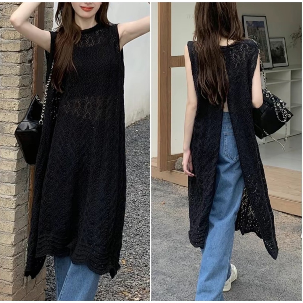 เสื้อแขนกุดตัวยาวผ้าไหมพรมใส่ได้ 2 แบบ เนื้อผ้านุ่มสาวอวบใส่ได้ เสื้อตาข่าย เสื้อไหมพรมแบบหลวมโอเวอร์ไซส์ ผ้าถัก