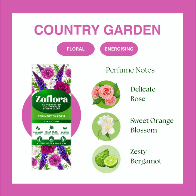ZOFLORA COUNTRY GARDEN โซฟลอร่า น้ำยาฆ่าเชื้ออเนกประสงค์ หอมยาวนาน 24 ชั่วโมง กลิ่นคันทรีการ์เด้น