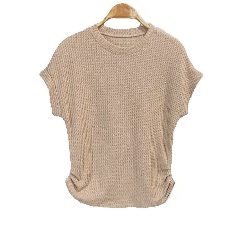 เสื้อคอกลม ผ้ารังผึ้ง ย่นเอว แขนสั้น