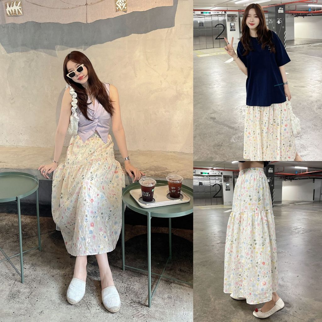 ครีม/เหลือง SLYQ PROVENCE FLORAL EMBROIDERY MAXI SKIRT กระโปรงยาวผ้าคอตตอนลายดอก
