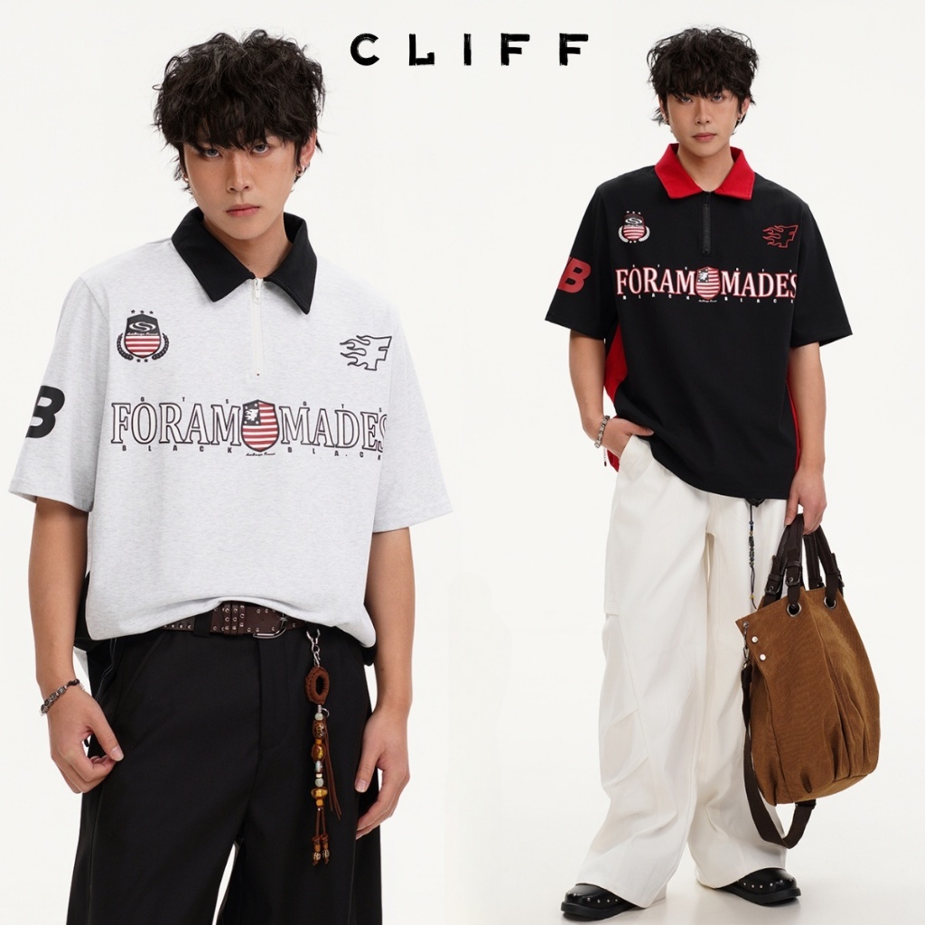 CLIFF เสื้อโปโลผู้ชาย พิมพ์ลายตัวอักษร สีต่อ สไตล์อเมริกันวินเทจ แฟชั่นยอดนิยม