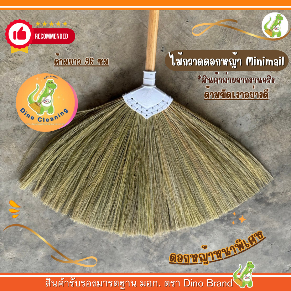 ไม้กวาดดอกหญ้า รุ่นมินิมอล (ตัดปลาย) ด้ามไม้ขัดมันเรียบ ดอกหญ้าหนา ไม่หลุดง่าย Dino Brand แข็งแรง ไม่มีเศษฝุ่น