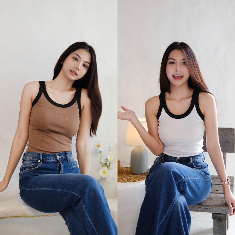 SpinnyHouse เสื้อกล้าม แต่งขอบทูโทน เสื้อกล้ามคอยู ใส่แล้วพรางหุ่นสุด ผ้าร่องยืดเยอะมาก ผ้ายืดตามตัว รุ่น กล้ามนุชชี่